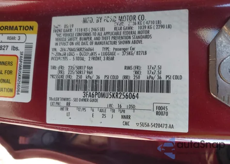 2019 Ford Fusion Hybrid Sel z USA, uszkodzony, nr VIN 3FA6P0MU5KR256064